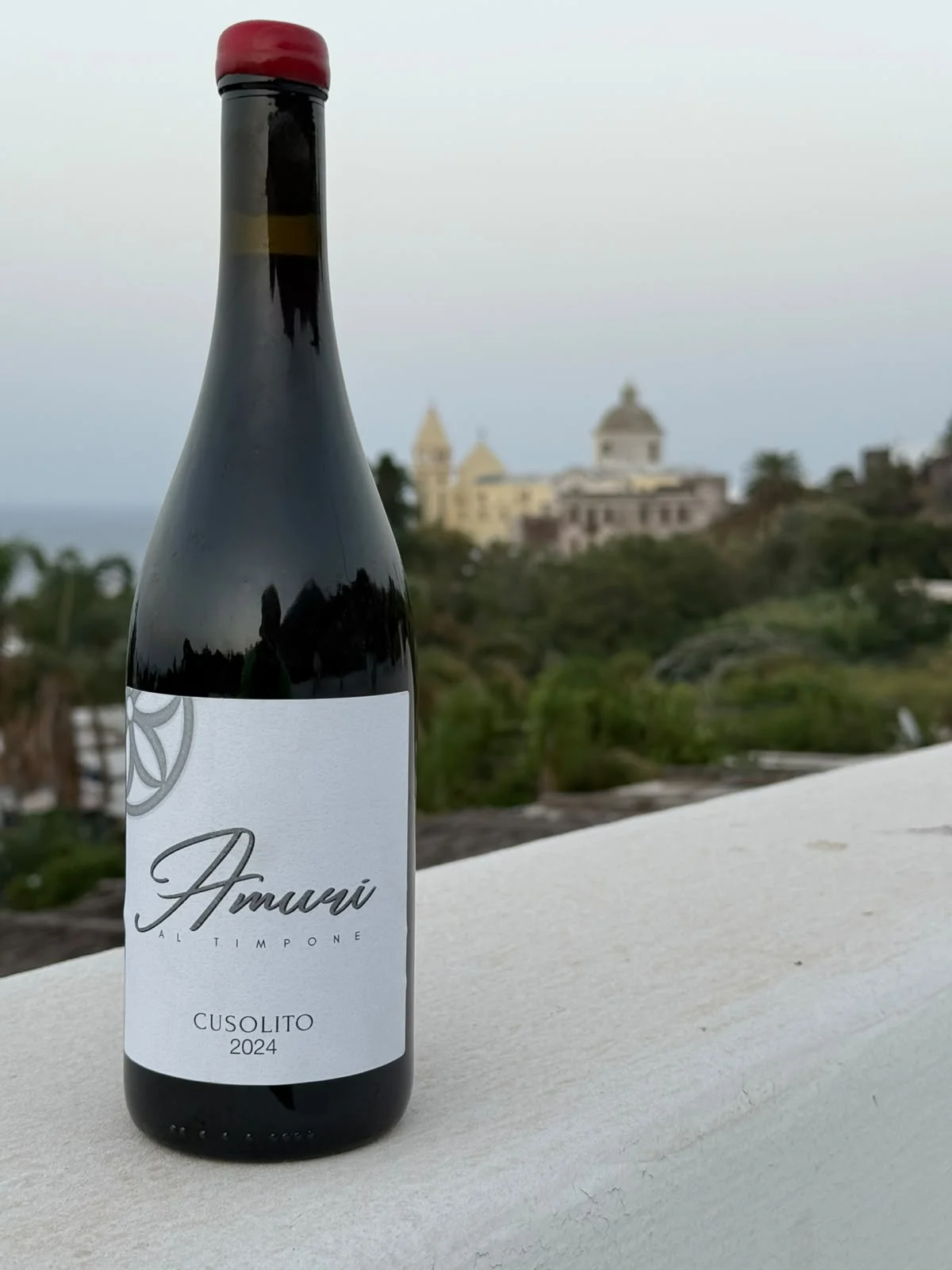 Bottiglia Amuri al Timpone Terre Siciliane 2024, Agricoltura Cusolito, con vista sul mare di Stromboli.